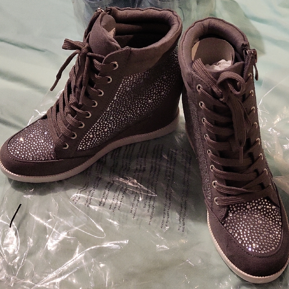Kailani Wedge High-Top Sneakers with Rhinestone Detail - Grey